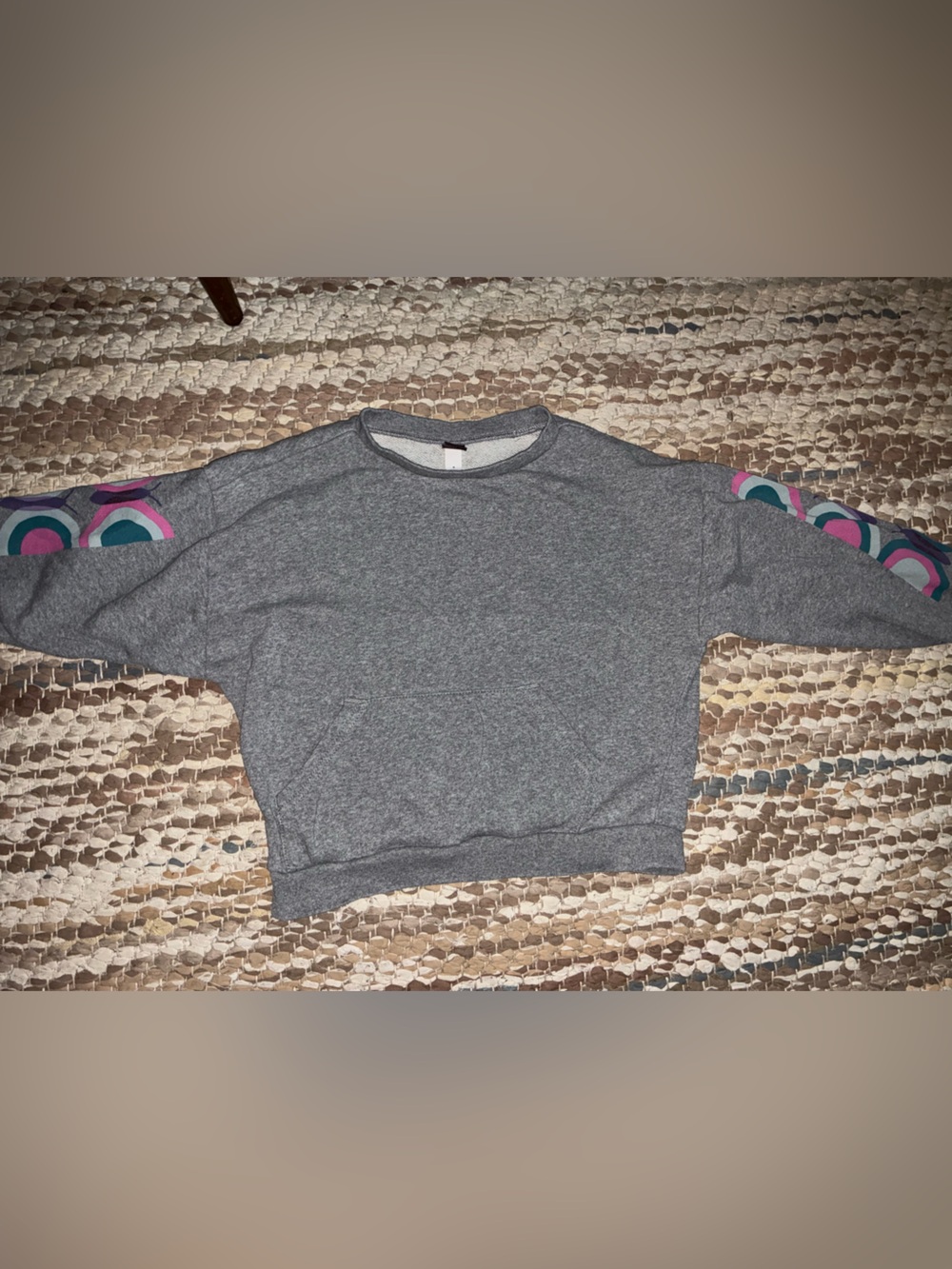 Tea Collection Gray Sweatshirt with Pink and Teal Sleeve Arcs